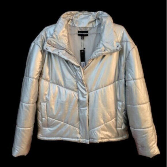 Steve Madden Metallic Silver Downtown Bomber Puffer Jacket NWT Sz Medium - Picture 8 of 12